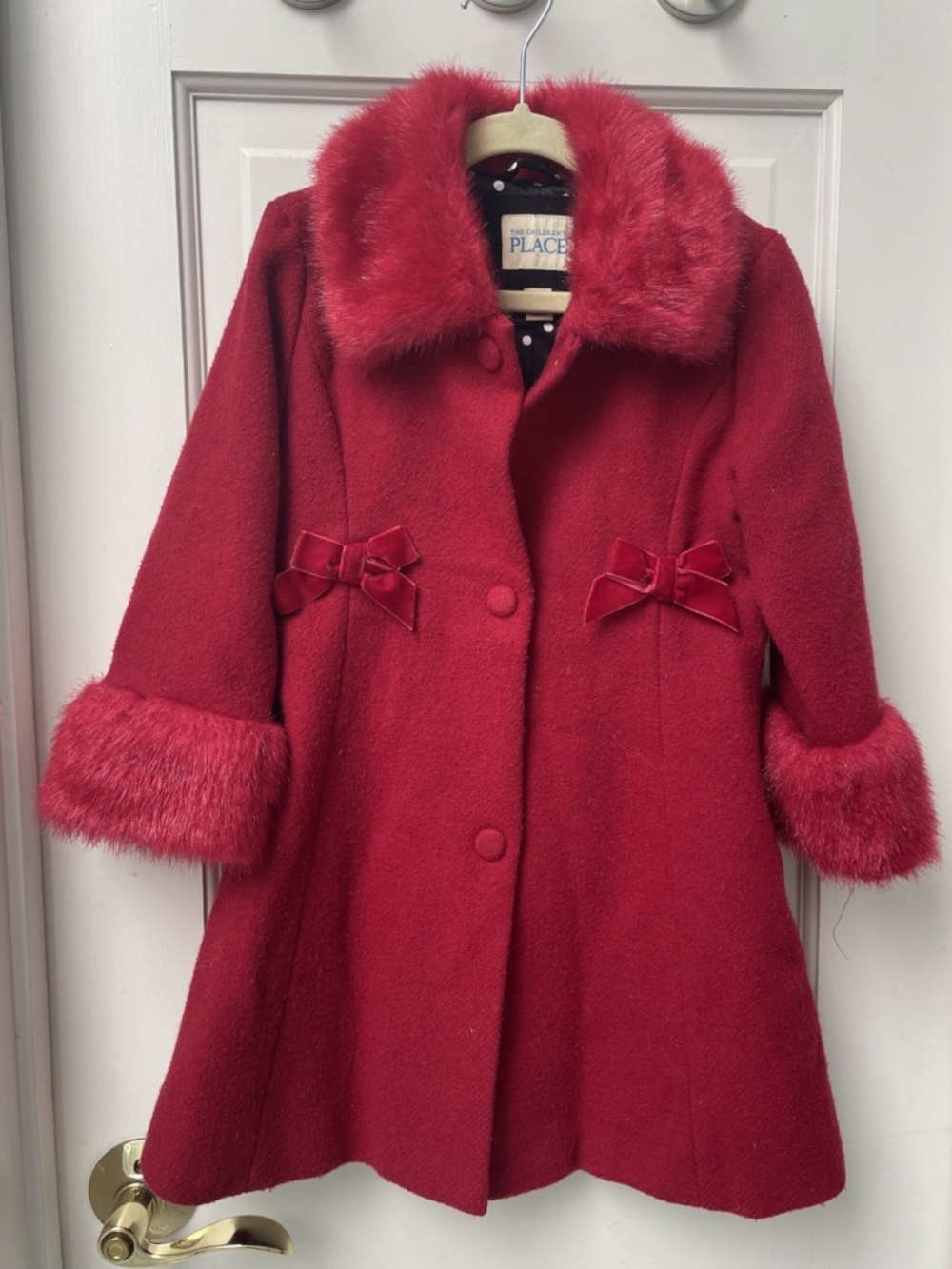 Children’s Place 4T Red Faux Fur Trimmed Wool Holiday Coat Bows Holiday